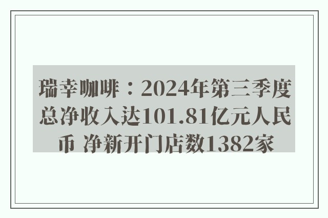 瑞幸咖啡：2024年第三季度总净收入达101.81亿元人民币 净新开门店数1382家