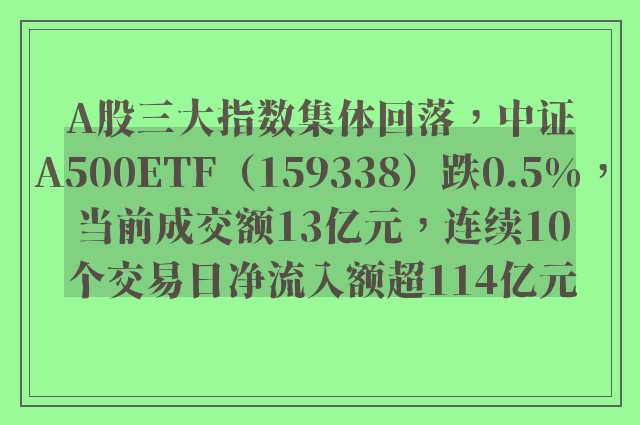 A股三大指数集体回落，中证A500ETF（159338）跌0.5%，当前成交额13亿元，连续10个交易日净流入额超114亿元