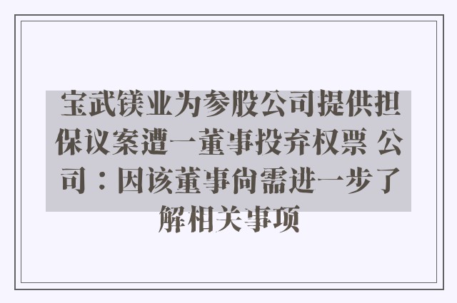 宝武镁业为参股公司提供担保议案遭一董事投弃权票 公司：因该董事尚需进一步了解相关事项