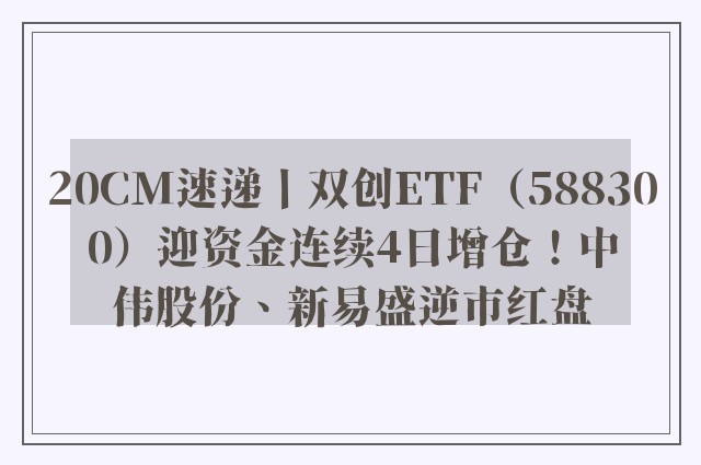 20CM速递丨双创ETF（588300）迎资金连续4日增仓！中伟股份、新易盛逆市红盘