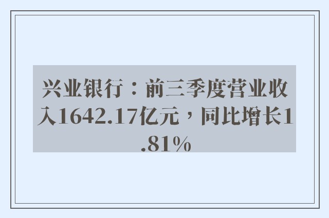 兴业银行：前三季度营业收入1642.17亿元，同比增长1.81%