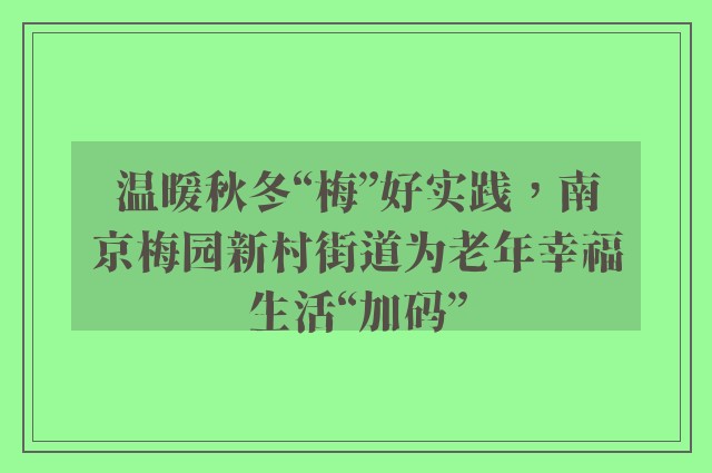 温暖秋冬“梅”好实践，南京梅园新村街道为老年幸福生活“加码”