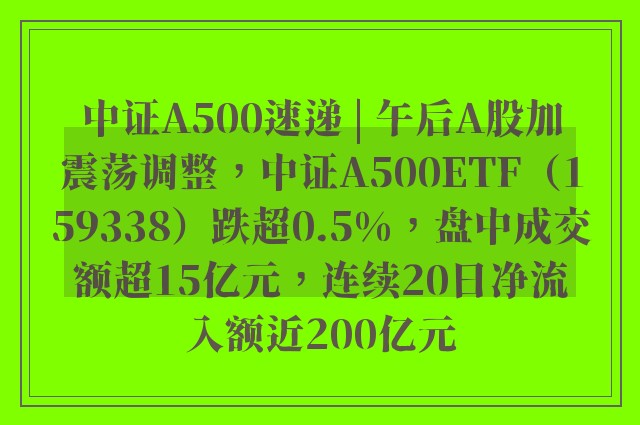 中证A500速递 | 午后A股加震荡调整，中证A500ETF（159338）跌超0.5%，盘中成交额超15亿元，连续20日净流入额近200亿元