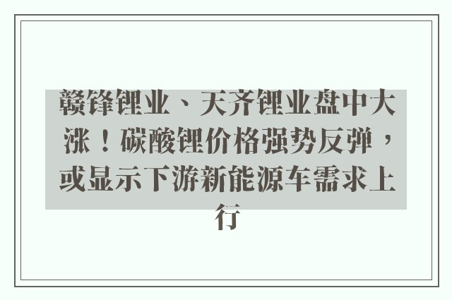 赣锋锂业、天齐锂业盘中大涨！碳酸锂价格强势反弹，或显示下游新能源车需求上行