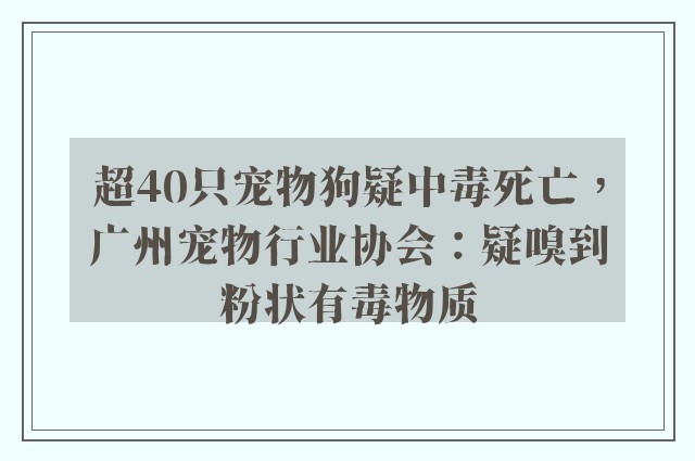 超40只宠物狗疑中毒死亡，广州宠物行业协会：疑嗅到粉状有毒物质